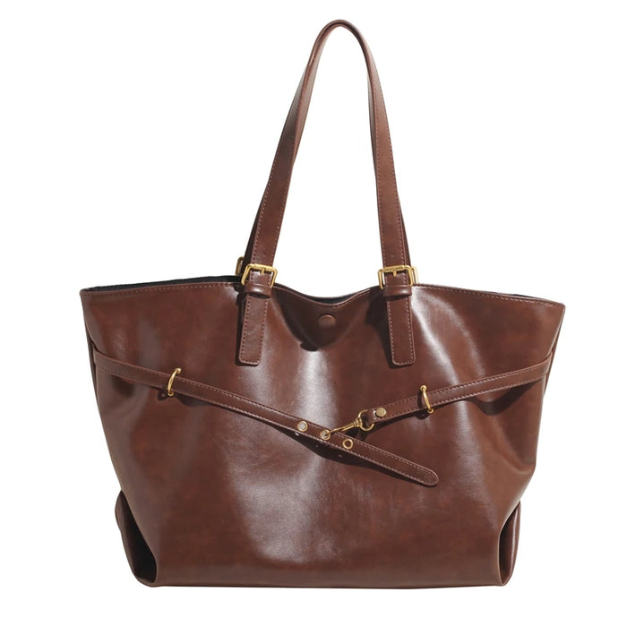 Vintage PU Leather Shoulder Tote – Soft Casual Bag with Lock Closure - Samanta Factory