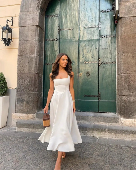 A-line Strap Long Dress – Square Neck & Backless Design