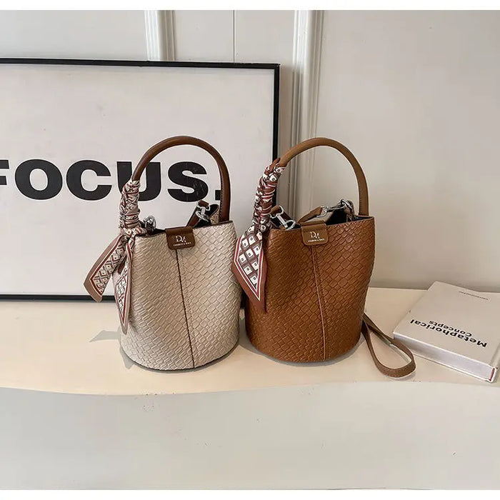 PU Leather Knitted Bucket Bag – Soft Casual Messenger Handbag for Women - Samanta Factory