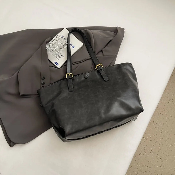 Vintage PU Leather Shoulder Tote – Soft Casual Bag with Lock Closure - Samanta Factory