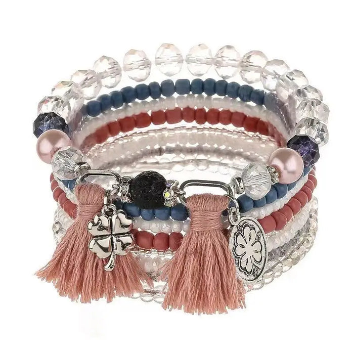 Bohemian Bracelet Set – Stackable Beaded Bangles with Crystals & Pearls for Everyday Wear