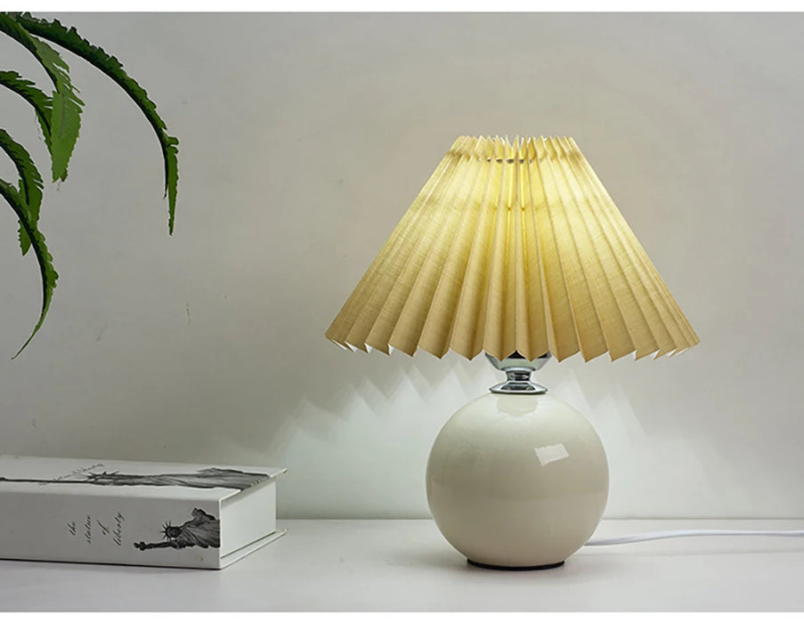 Korean Table Lamp – Vintage Pleated Fabric Shade with Ceramic Base