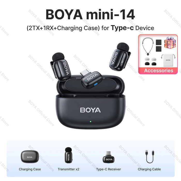BOYA Mini Wireless Microphone – 2.4GHz Lavalier Mic with Charging Case for iPhone & Android
