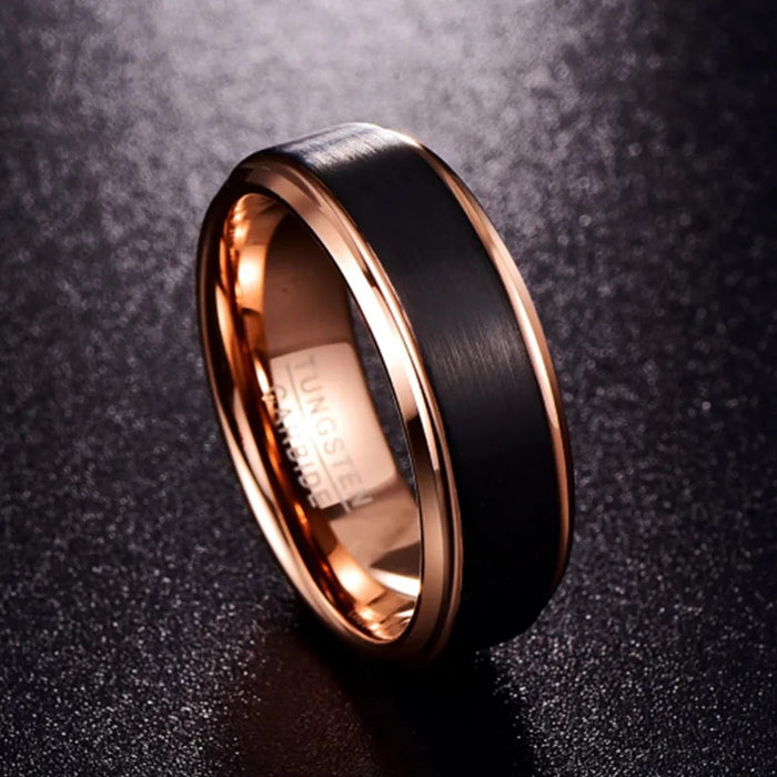 Tungsten Wedding Band – Brushed Black with Rose Gold Interior SF