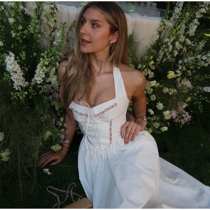 A-line Strap Long Dress – Square Neck & Backless Design
