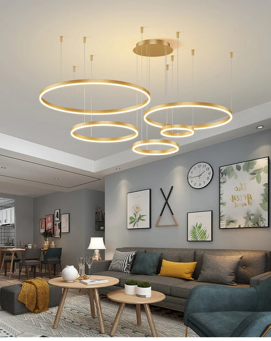 Modern LED Pendant Light – Gold Aluminum Chandelier with Remote Control - Samanta Factory