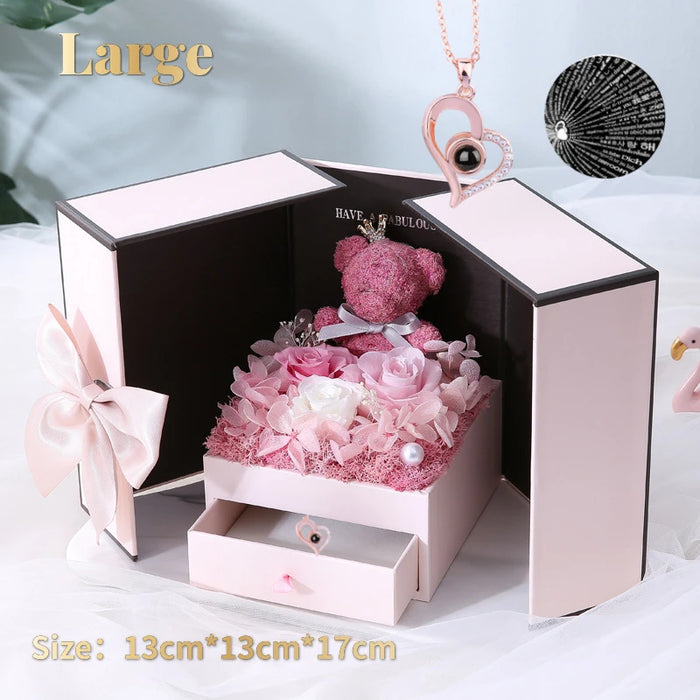 Eternal Preserved Rose Gifts – Moss Bear & Jewelry Box with “I Love You 100 Languages” Necklace - Samanta Factory