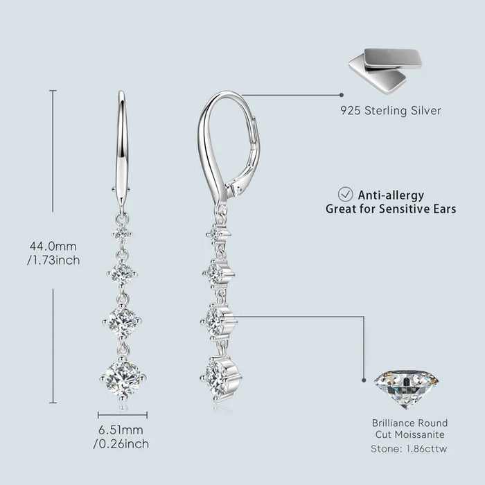Moissanite Drop Earrings – D-Color Round Cut 925 Sterling Silver