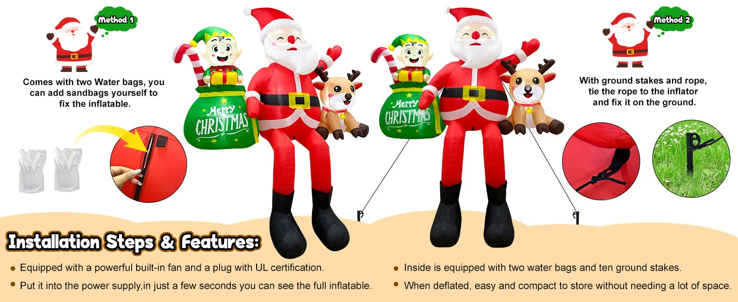 Christmas Inflatable Santa Claus – 8FT Sitting Santa with Elves & Reindeer