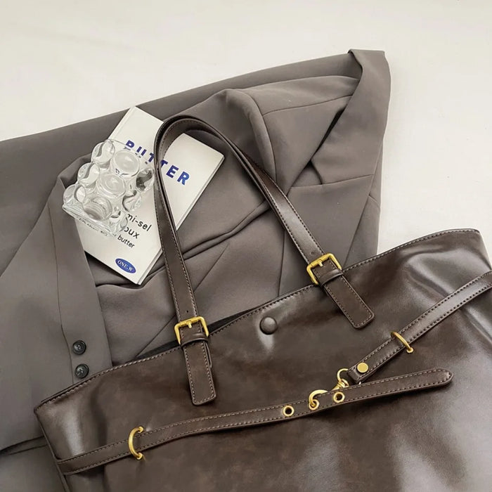 Vintage PU Leather Shoulder Tote – Soft Casual Bag with Lock Closure - Samanta Factory