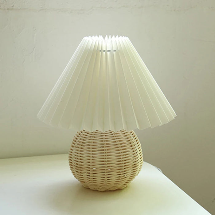 Korean Table Lamp – Vintage Pleated Fabric Shade with Ceramic Base