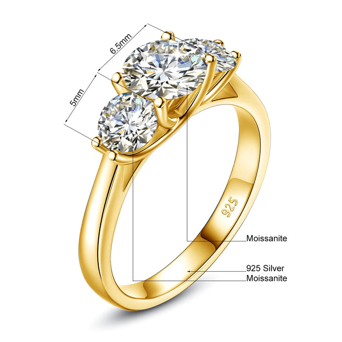 3-Stone Moissanite Engagement Ring – 2 CT D Color Yellow Gold Plated S925 Silver