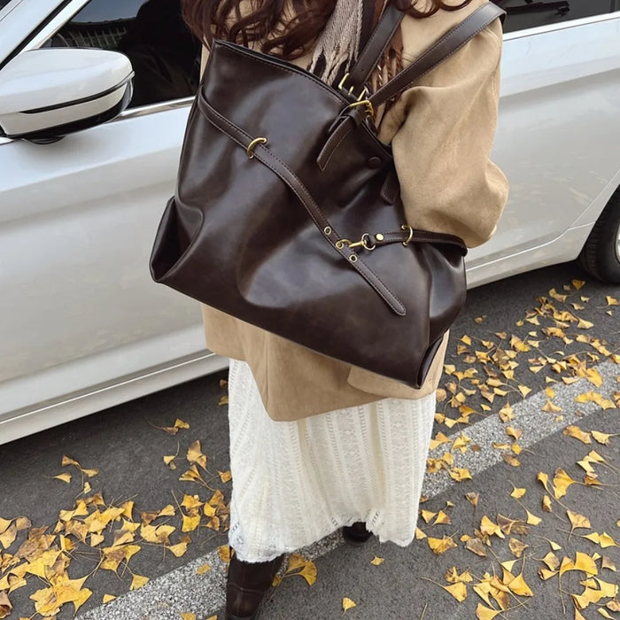 Vintage PU Leather Shoulder Tote – Soft Casual Bag with Lock Closure - Samanta Factory