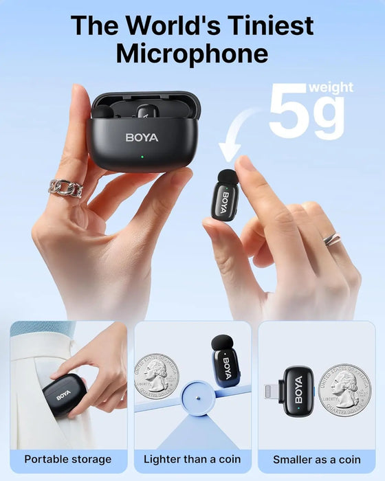 BOYA Mini Wireless Microphone – 2.4GHz Lavalier Mic with Charging Case for iPhone & Android