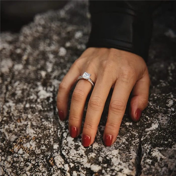 Square Cut Zircon Bridal Ring Set – 925 Sterling Silver Wedding Rings for Women