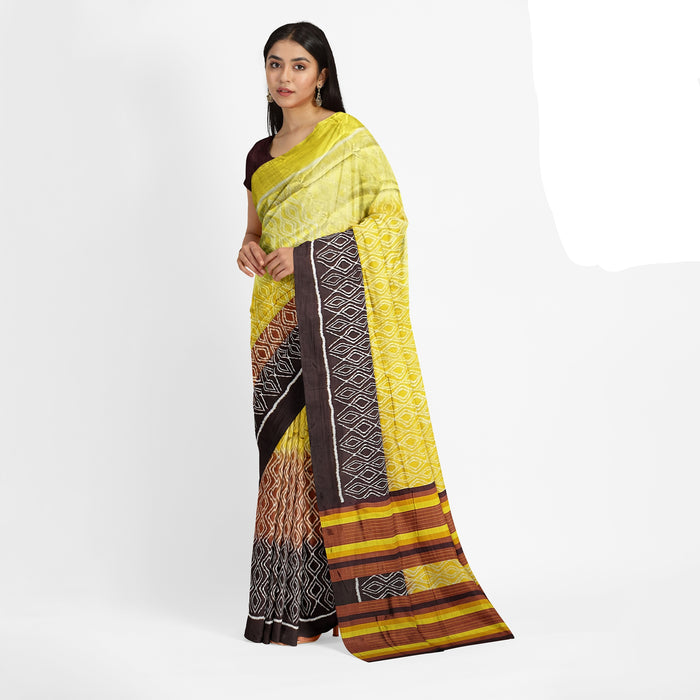Handwoven Khandua Silk Saree with lotus, animal, and geometric motifs from Odisha, India