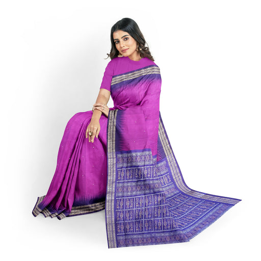 Handwoven Sambalpuri Saree from Odisha with Bandha Ikat patterns and traditional Odia motifs including conch, wheel, and flower
