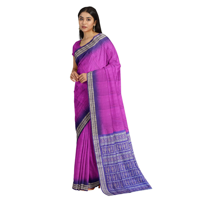  Handwoven Sambalpuri Saree from Odisha with Bandha Ikat patterns and traditional Odia motifs including conch, wheel, and flower