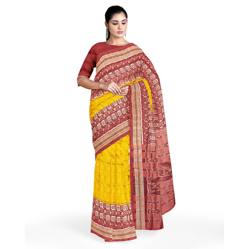 Handwoven Sambalpuri Saree from Odisha with Ikat weaving and traditional motifs of conch, wheel, and flower
