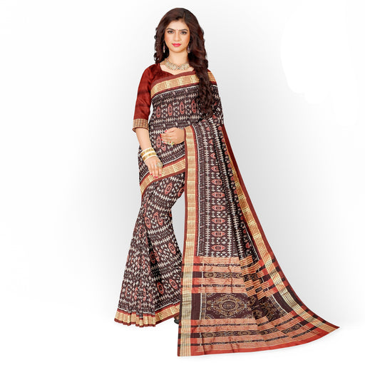 Authentic Sambalpuri Saree – Handwoven Ikat with Conch, Wheel & Flower Motifs