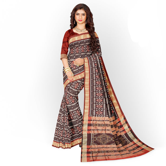 Authentic Sambalpuri Saree – Handwoven Ikat with Conch, Wheel & Flower Motifs