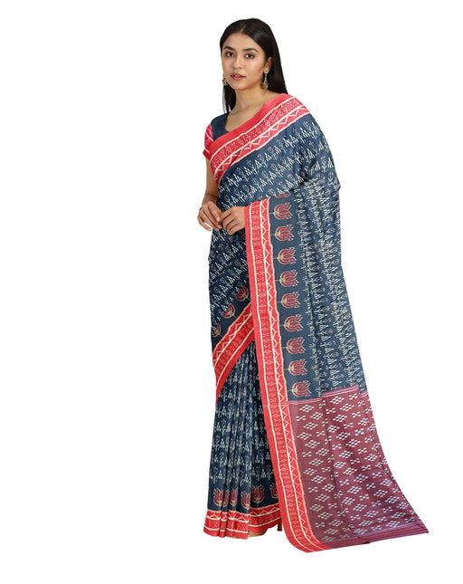 Handwoven Khandua Cotton Saree with Ikat patterns, geometric and nature-inspired motifs, and matching blouse piece