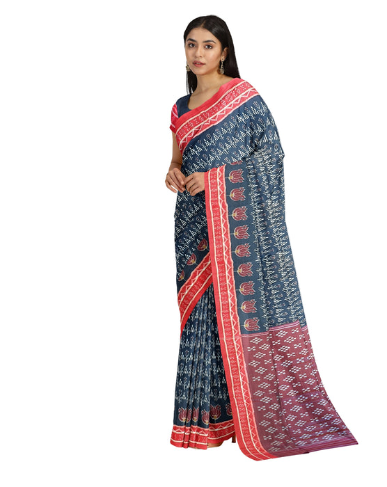 Handwoven Khandua Cotton Saree with Ikat patterns, geometric and nature-inspired motifs, and matching blouse piece