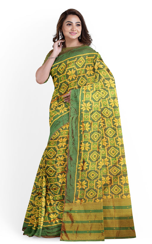 Handwoven Khandua Silk Saree from Odisha with Bandha Ikat and lotus, animal, and geometric motifs