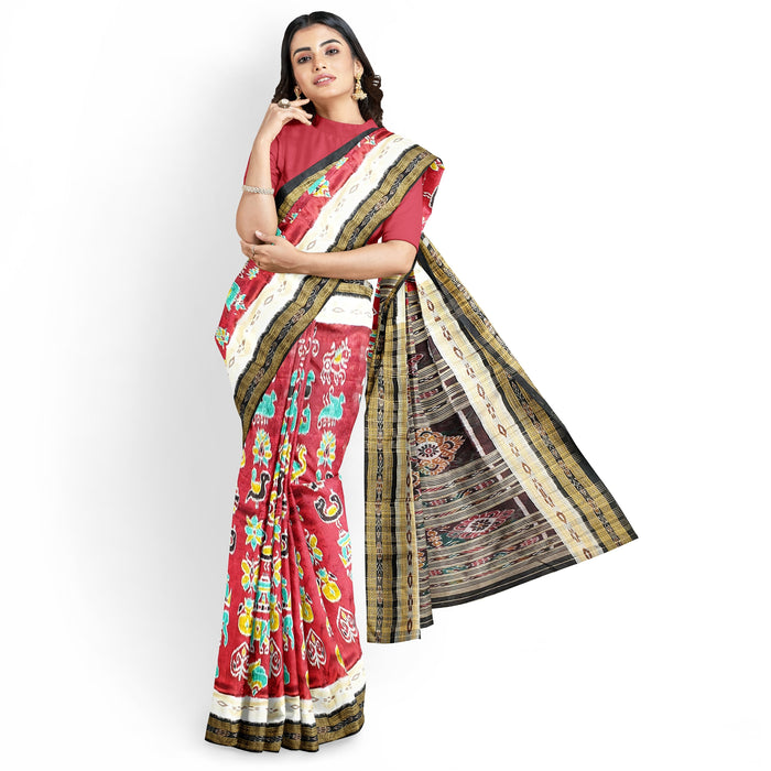 Khandua Silk Saree – Handwoven Ikat with Lotus & Geometric Motifs