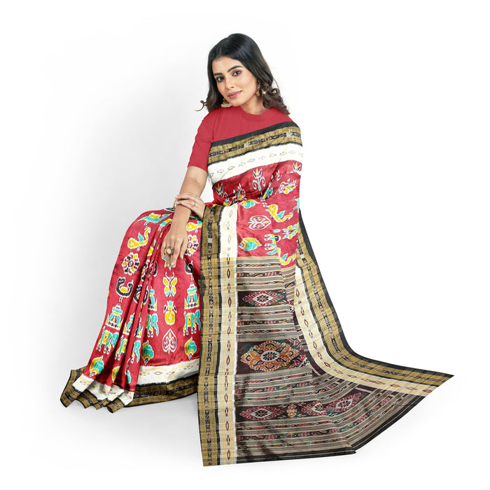 Khandua Silk Saree – Handwoven Ikat with Lotus & Geometric Motifs