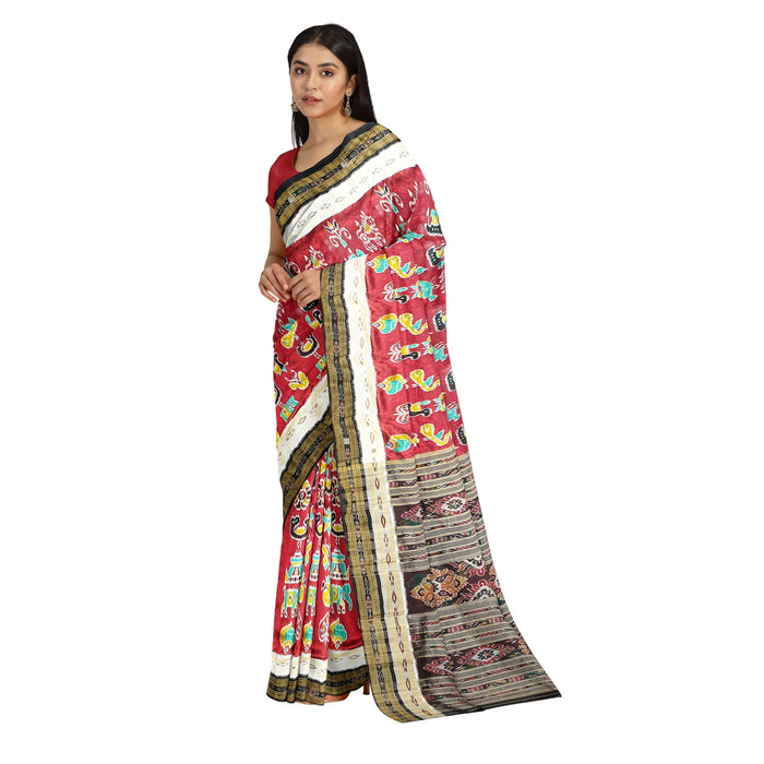 Khandua Silk Saree – Handwoven Ikat with Lotus & Geometric Motifs