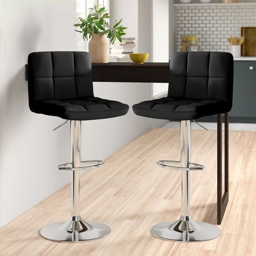Set of adjustable 360-degree swivel bar stools with PU leather seats and height range of 92–113 cm