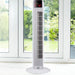 Slim black tower fan with LVD screen, remote control, and 90-degree oscillation