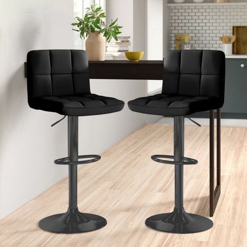Set of 2 faux leather bar stools with adjustable height and matte black swivel base