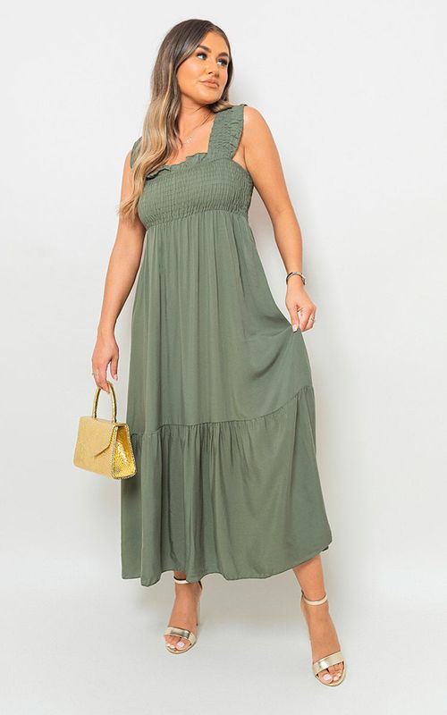 Leah wide ruffle strap smocked midi dress in soft polyester with flirty ruffle details