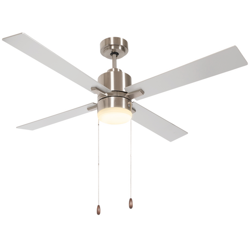 Modern white ceiling fan with pull-chain, LED light and reversible airflow, installed in a minimalist living room.


