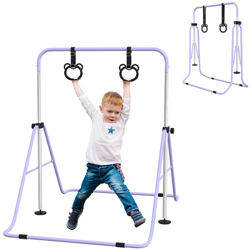 Adjustable kids gymnastics bar with non-slip base, foldable frame, and rings for indoor play

