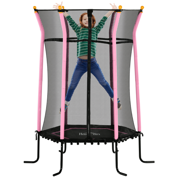 kids trampoline with safety net and padded poles, set up outdoors on grass with bright sunlight