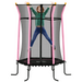 kids trampoline with safety net and padded poles, set up outdoors on grass with bright sunlight
