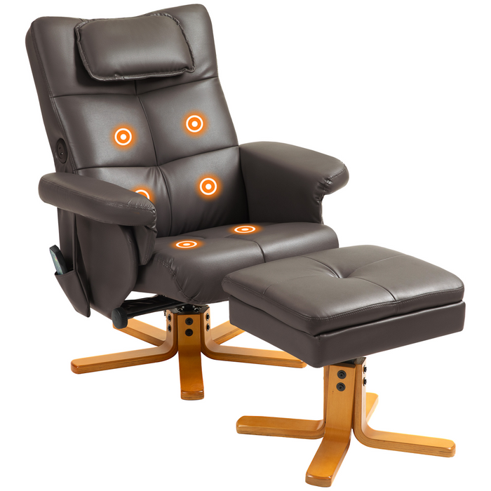 Black faux leather recliner chair with ottoman and remote, shown in a cozy home office with ambient lighting