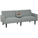 Modern linen-feel split-back recliner sofa with fold-down armrest and cup holders in a compact living room

