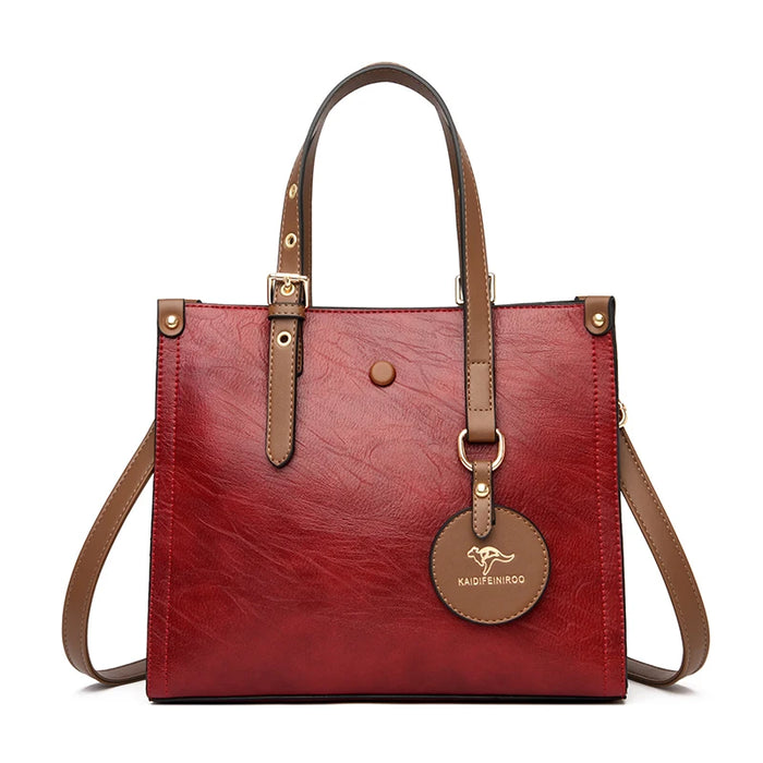 Vintage split leather tote handbag with zipper and hasp closure, casual shoulder bag for women with multiple compartments.
