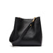 Genuine leather bucket handbag in black or brown with soft structure, hasp closure, and multiple storage compartments.