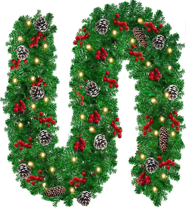 9Ft Christmas Garland Snow Flocked with Lights Pinecones Berries Wreath Bushy