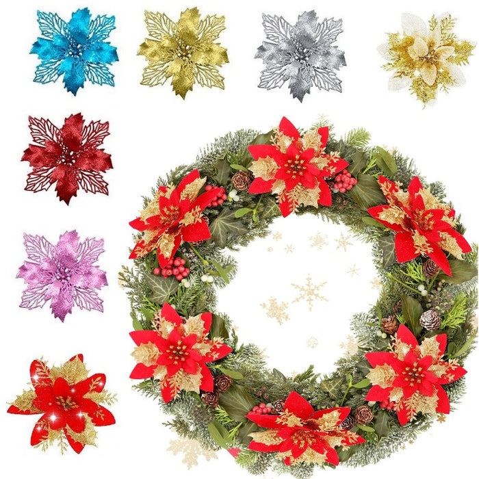 12 Pcs Christmas Large Poinsettia Glitter Flower Tree Hanging Party Xmas Decor