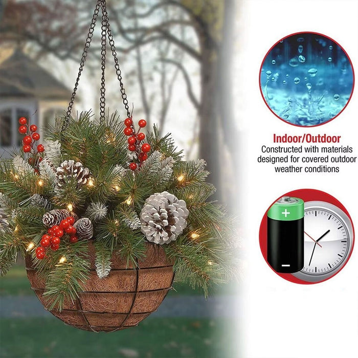 Pre-Lit Artificial Christmas Hanging Basket - Flocked with Mixed Decorations UK