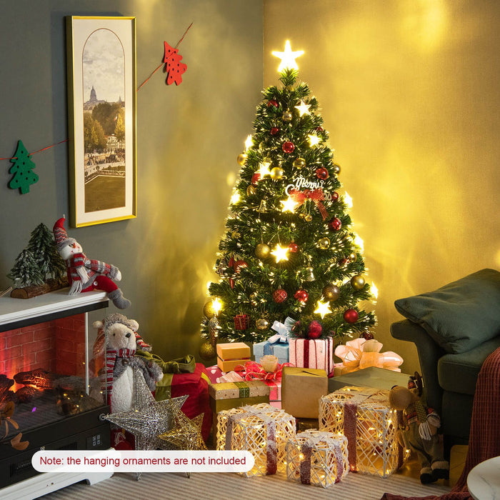 pre-lit fiber optic Christmas tree with LED star lights and metal base

