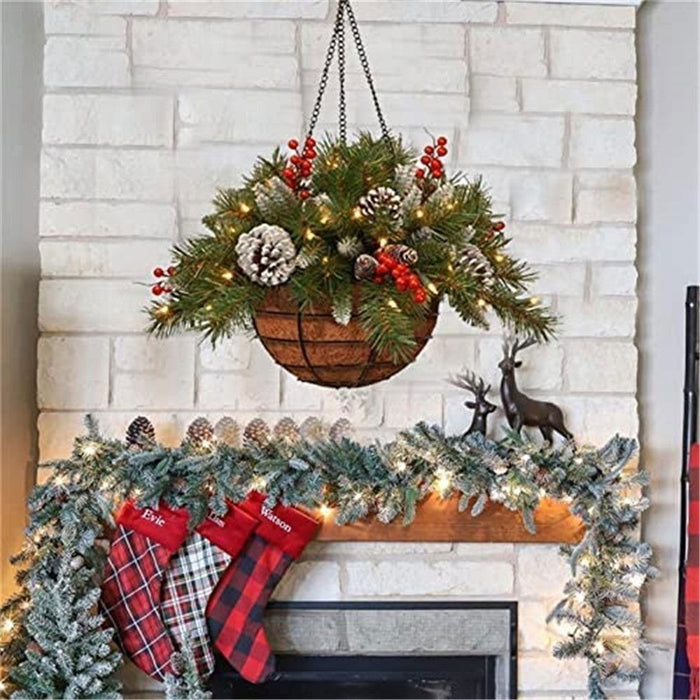 Pre-Lit Artificial Christmas Hanging Basket - Flocked with Mixed Decorations UK