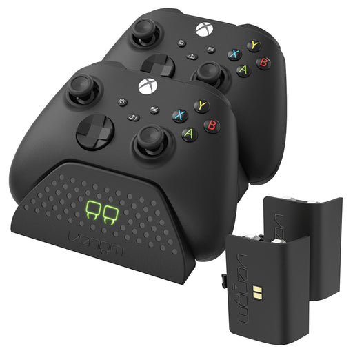 Xbox controller charging dock with dual rechargeable battery packs and LED indicators


