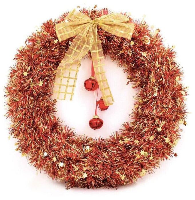 40Cm Large Christmas Tinsel Wreath with Bell Wall Hanging Window Xmas Decoration